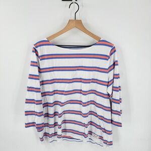Talbots T-Shirt White Blue Orange Striped 3/4 Sleeve Boat Neck Top XL Nautical